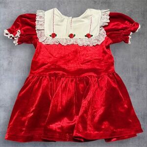 Vtg 80s Picture Perfect Girls Red Velvet Holiday‎ Dress Lace Rosettes 3T 4T